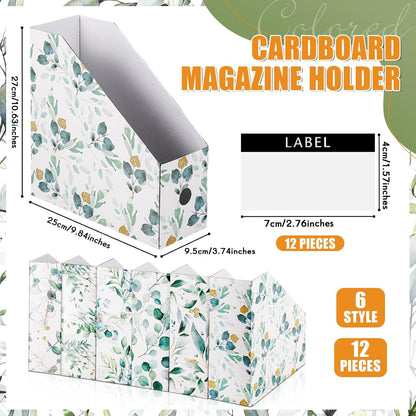 PerKoop 12 Pcs Magazine File Holder Foldable Decorative Cardboard File Folders 6 Patterns Floral Colored Magazine Rack with Printable Sticker Labels for School Office Home Desk (Eucalyptus Leaves)