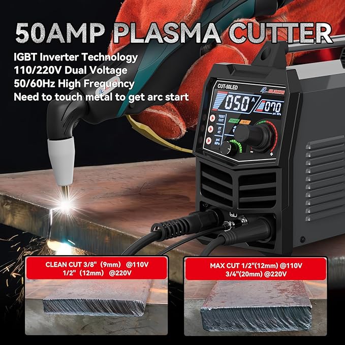 GZ GUOZHI Plasma Cutter, 50Amp 110/220V Dual Voltage IGBT Inverter Plasma Cutting Machine, [Pilot Arc][Large LED Display][Air Sensor] 1/4" Clean Cut 3/4" Max Cut, 2T/4T for Beginners DIY
