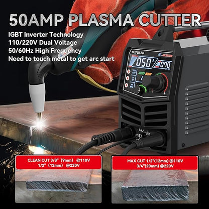 GZ GUOZHI Plasma Cutter, 50Amp 110/220V Dual Voltage IGBT Inverter Plasma Cutting Machine, [Pilot Arc][Large LED Display][Air Sensor] 1/4" Clean Cut 3/4" Max Cut, 2T/4T for Beginners DIY