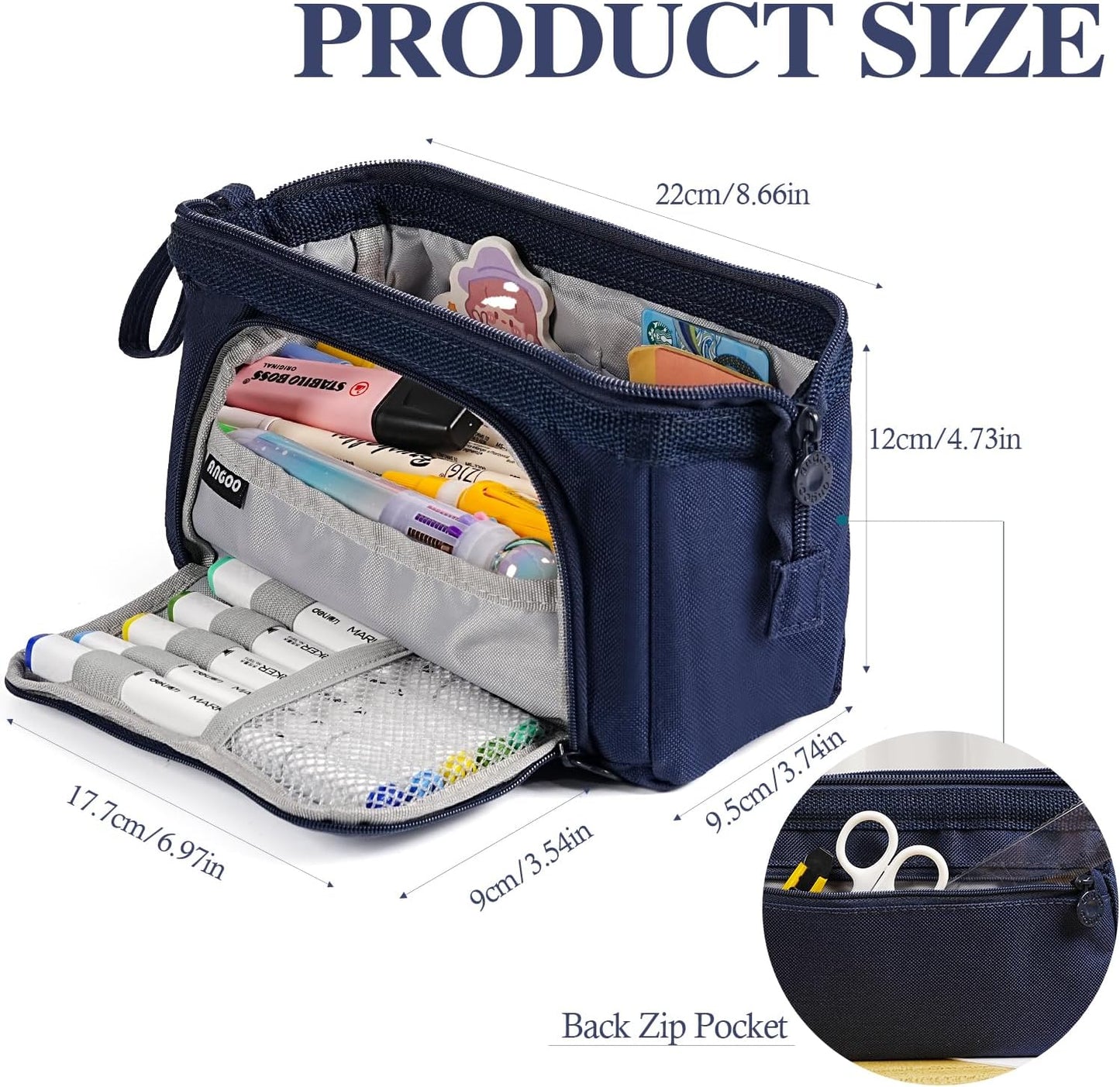 Pencil Case Pouch Large Capacity with Compartments, Pencil Case Pouch Bag with Zipper Handle for Teen Girls Boys Adults Women Men, Portable Pen Bag Stationery Organizer for Office School Travel, Navy