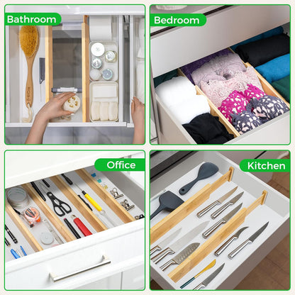 FJO 4 Pack Adjustable Bamboo Drawer Dividers - 12.5" - 21.7" Expandable Drawer Separators for Kitchen, Utensils, Clothes, Bedroom, Dresser, Bathroom (Beige)