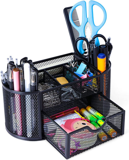 Black Mesh Pen Holder Desk Organizer Cute Office Supplies Pencil and Marker Organizers Oval Desk Caddy with 8 Compartments and 1 Drawer Workspace Accessories for Office School Home