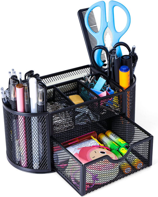 Black Mesh Pen Holder Desk Organizer Cute Office Supplies Pencil and Marker Organizers Oval Desk Caddy with 8 Compartments and 1 Drawer Workspace Accessories for Office School Home