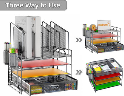 Marbrasse Desk Organizers, 4-Tier Mesh Desk File Organizer with 5 Vertical File Holders and 2 Pen Holders, Multifunction Desktop Organizer,Desk Organizers and Accessories for Home Office (Gray)