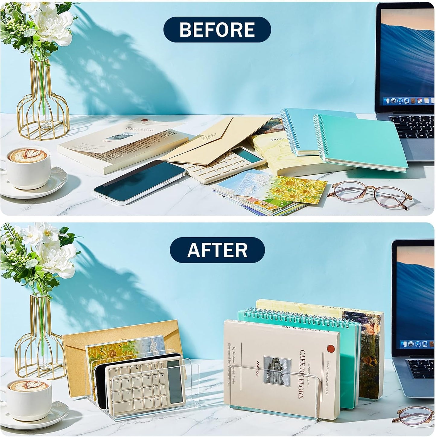 Geyoga 2 Pcs Acrylic File Holder Clear Mail Folder Organizer 5 Sections Multifunction Desktop Storage Letter Sorter Envelope Vertical Dividers for Office, Home, Desk Organization