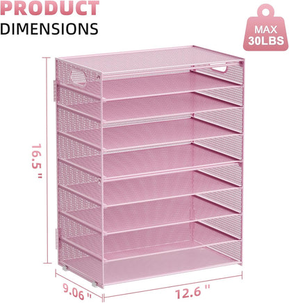 Marbrasse Paper Organizer Letter Tray, 9 Tier Mesh File Organizer with Handle, Paper Sorter Desk Organizer for Home Office Supplies - Pink