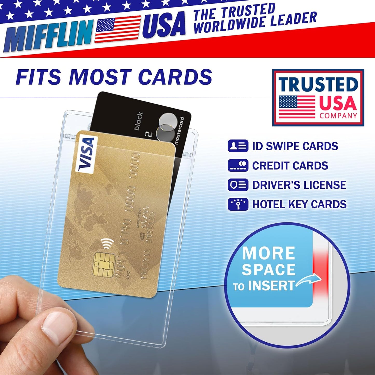 Mifflin-USA Plastic Vertical Card Holder (3x4 Inch, Clear, Bulk 100 Pack) Quick Load No Zipper Name ID Badge