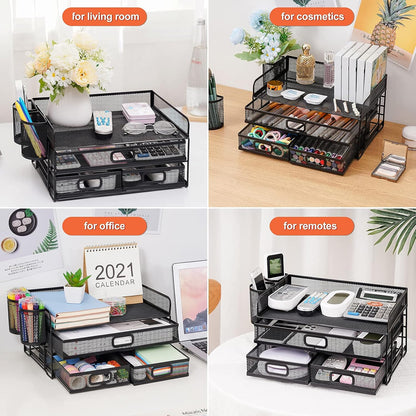 Marbrasse 3 Tier Mesh Desk Organizer with Drawer, Multi-Functional Desk Organizers and Accessories, Paper Letter Organizer with 2 Pen Holder for Home Office Supplies (Black)