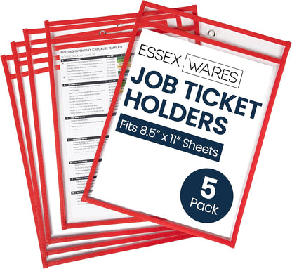 Essex Wares - 5 Pack, Red, Job Ticket Holders, 10" Wide x 13.5" Tall - Clear Plastic Shop Ticket Holders - Easy to Use, Reusable & Easy Erase Plastic Invoice Holders, Water-Resistant & Durable