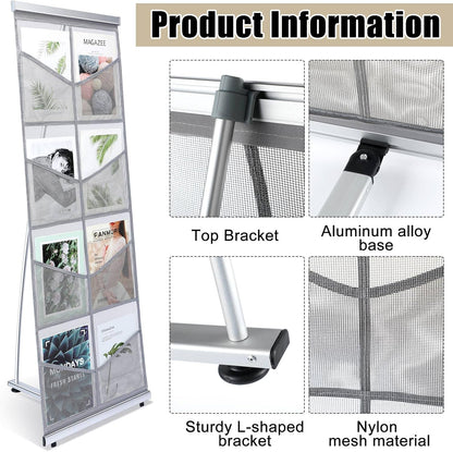 Outus Mesh Literature Brochure Holder with 8 Pocket Portable Magazine Display Roll Up Magazine Rack Lightweight Floor Standing Catalog Office Brochure Display Stand for Business Trade Shows