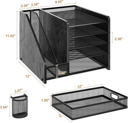 Marbrasse Desk Organizer with File Holder, 5-Tier Paper Letter Tray Organizer with Drawer and 2 Pen Holder, Mesh Desktop Organizer and Storage with Magazine Holder for Office Supplies (Wood-Black)