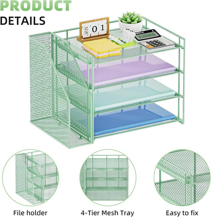 Marbrasse Desk Organizer and Accessories，4-Tier Paper Letter Tray Organizer with File Holder，Desk Accessories & Workspace Desktop Organizers for School Home Office Supplies (Green)