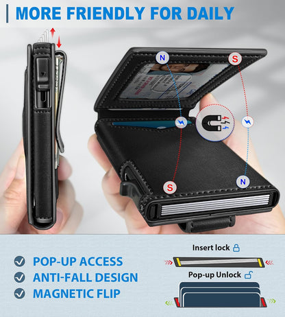 Airtag Wallet for Men,with Money Clip Gift Boxed,Slim Front Pocket Wallet RFID Blocking Metal Case Smart Pop-up Credit Card Holder in Magnetic Leather Flip