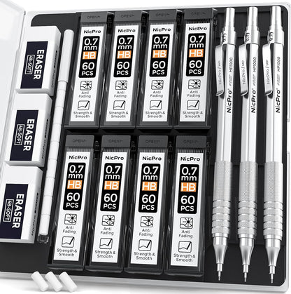 Nicpro 0.7 Metal Mechanical Pencil Set with Case, 3PCS MP1000 0.7mm Artist Lead Pencil With 8 Tube HB Refills, 3 Erasers, 9 Eraser Refill For Architect Art Drafting Drawing Engineering, Sketching