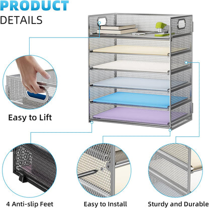 Marbrasse Paper Letter Tray - 6 Tier Mesh File Organizer with Handle, Paper Sorter for Letter/A4 Office File Folder Holder - Silver