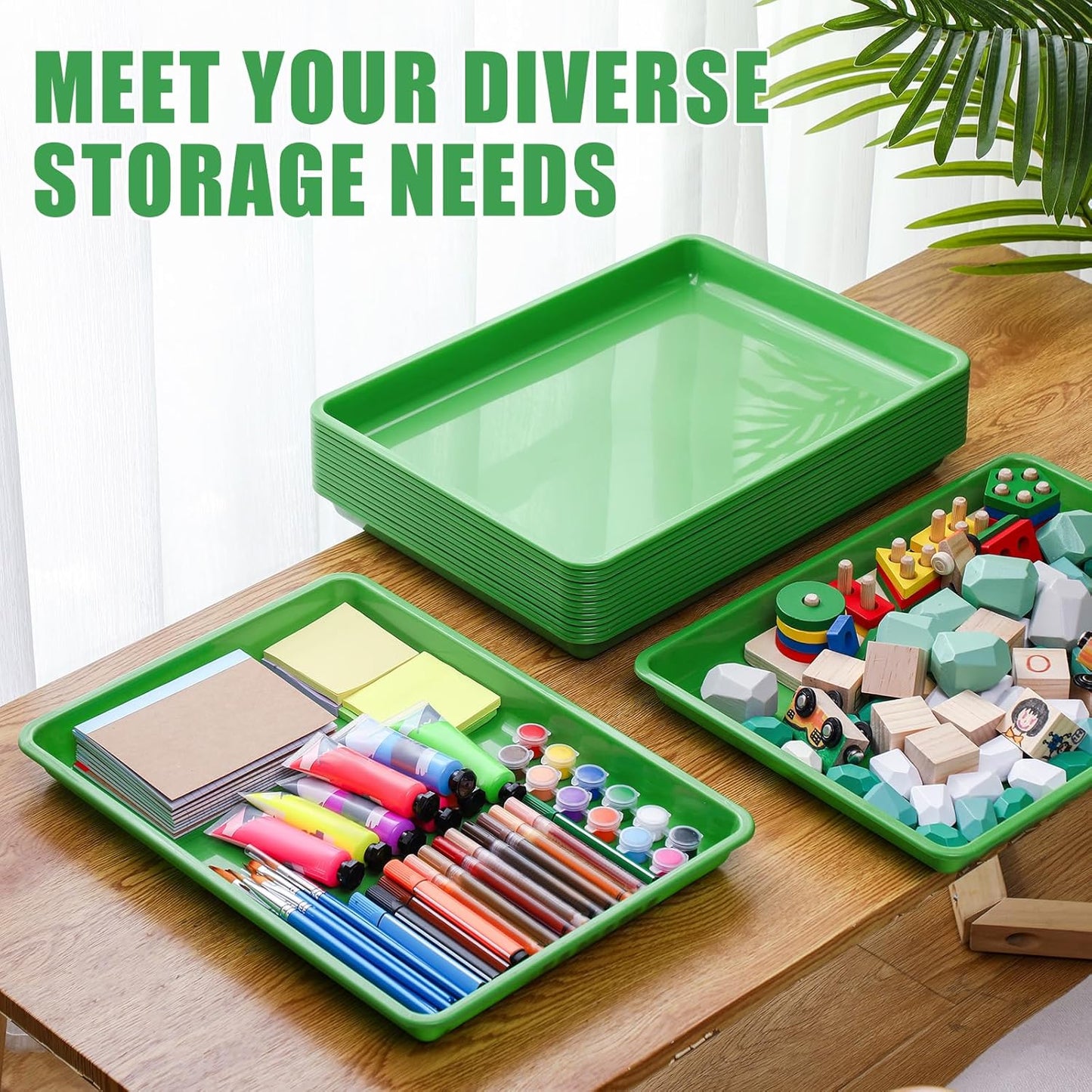 Maitys 15 Pcs Flat Plastic Trays 16.1 x 11.8'' Sensory Storage Tray Paper Stackable Classroom Bins for Office Home Organizer Arts and Crafts Supplies(Green)