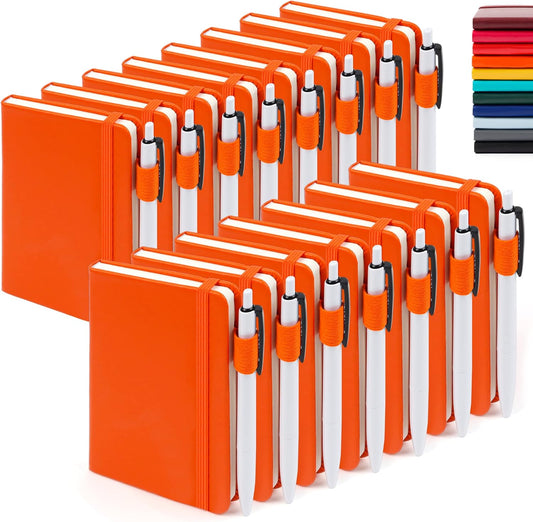 feela 15 Pack Pocket Small Notebooks Bulk, Mini Cute Notepads Hardcover College Ruled Lined Journals with Pen Holder for School Business Memos, with 15 Black Pens, 3.5”x 5.5”, A6, Orange