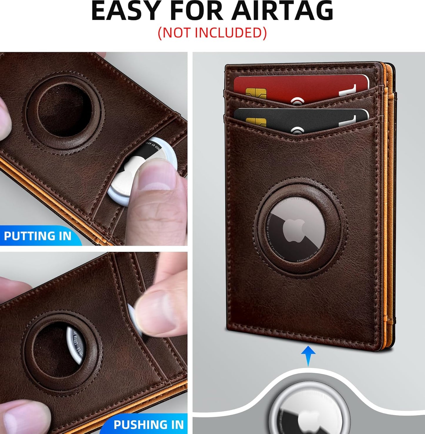 Airtag Wallet for Men- with Money Clip Gift Boxed, Magnetic Closure Slim Genuine Leather Front Pocket Wallet, 4.1"x 2.8", RFID Blocking