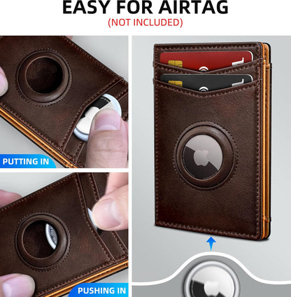Airtag Wallet for Men- with Money Clip Gift Boxed, Magnetic Closure Slim Genuine Leather Front Pocket Wallet, 4.1"x 2.8", RFID Blocking