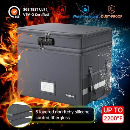 DocSafe File Box with Lock,Multi-Layer Fireproof Document Box Collapsible File Storage Organizer with Pockets/Handle,Large Portable Home Office Filing Box for Hanging Letter/Legal Size Folders,Gray