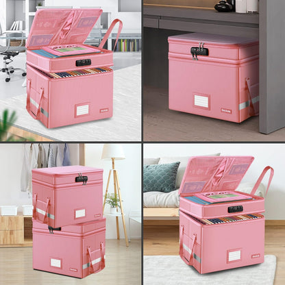 DocSafe File Box with Lock,Multi-Layer Fireproof Document Box Collapsible File Storage Organizer with Pockets/Handle,Large Portable Home Office Filing Safe for Hanging Letter/Legal Size Folders,Pink