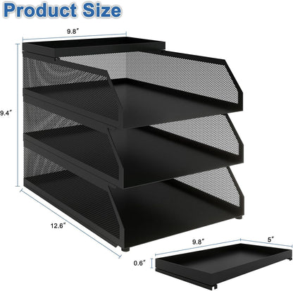 Natwind 3-Tier Stackable Paper Tray, Metal Mesh Desktop Organizer, Paper Sorter, Letter Trays,File Document Storage Rack for for Home, Office, School (Black)