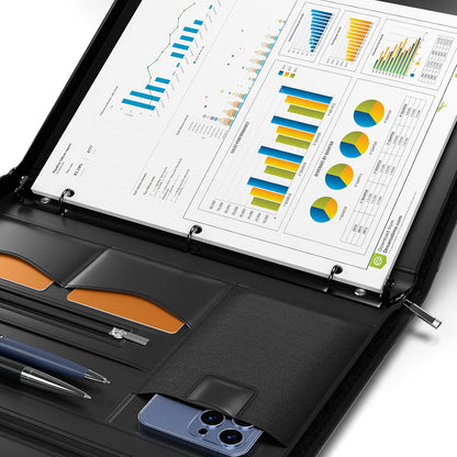 Yodo Zipper Padfolio Portfolio Binder Organizer PU Leather Portfolio for Resume, Legal Documents, Tablet, Business Supplies and Cards,3-Ring Binder with Handle, Notepad Folder for Men & Women