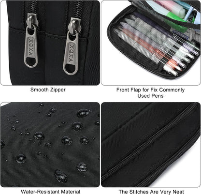 XQXA Pencil Pouch Large Capacity Pencil Case Organizer, Multifunctional Pen bag with 3 Compartmens, Big Pencil Bag for Office Travel Men Women Adult (01-Black)