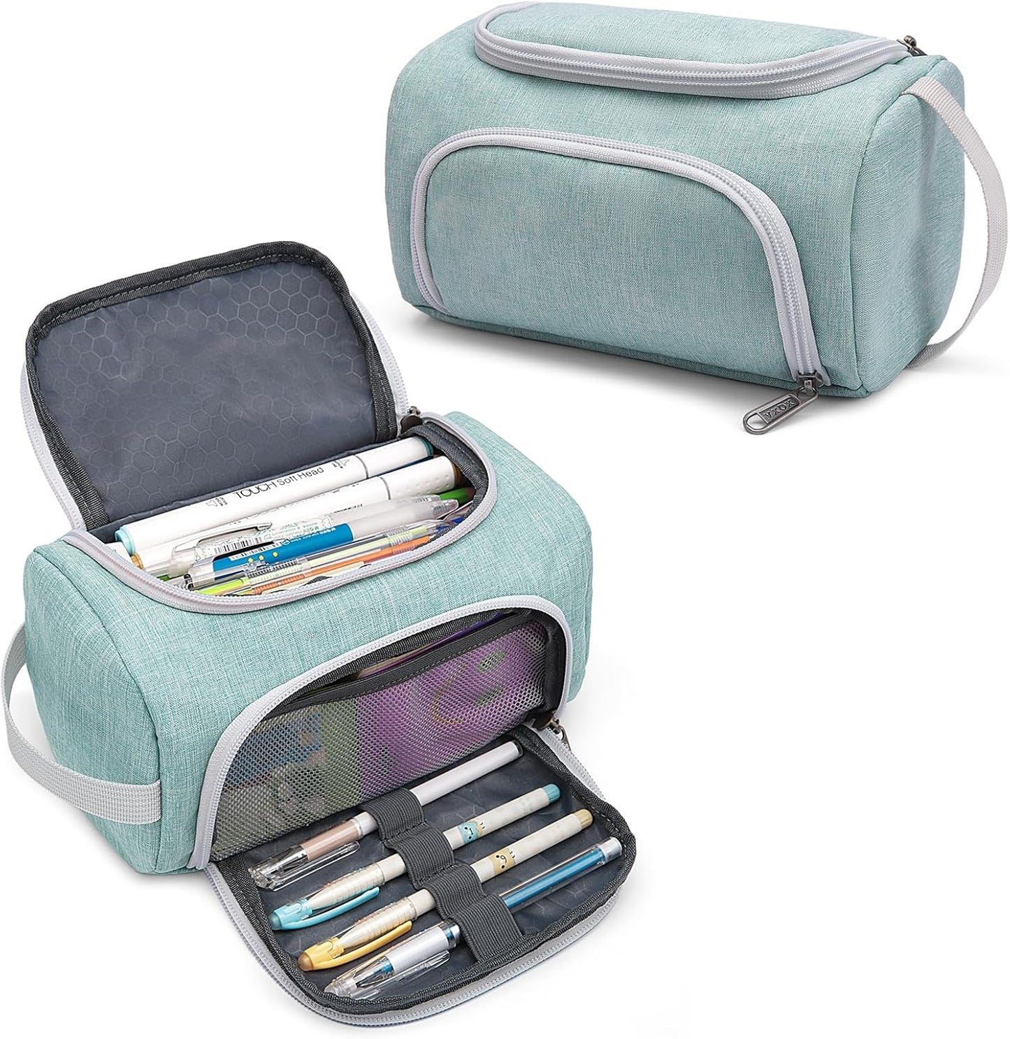 XQXA Extra Large Capacity Pencil Case Organizer, Multifunctional Pencil Pouch with Compartmens, Travel Simple Stationery Bag, Nylon Pencil Bag for Adults (Green)