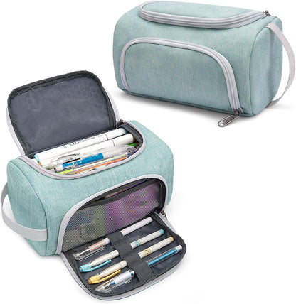 XQXA Extra Large Capacity Pencil Case Organizer, Multifunctional Pencil Pouch with Compartmens, Travel Simple Stationery Bag, Nylon Pencil Bag for Adults (Green)