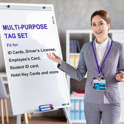 Marspark 100 Sets Clear Name Tags with Lanyard, Lanyards for ID Badges Reusable Strap with ID Holder Plastic Name Badges for Adults Business School Church Conference (Dark Purple)