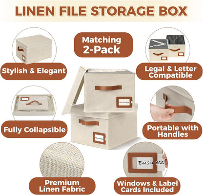 Storage Standard 2-Pack File Organizer Box with Lid - Collapsible Hanging Linen Document Organizer Portable File Boxes, Lightweight & Portable Filing Box Crates with Handles & Extras, Ivory