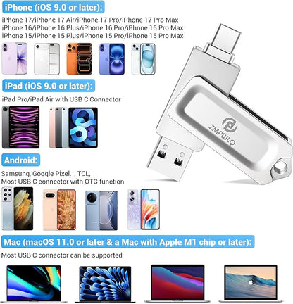 Photo Stick 256GB for iPhone 15/16/17, USB-C Flash Drive Phone Backup Storage, Photo & Video Saver for iPhone/iPad/Android/PC, Real Capacity USB Memory Stick for Photos, Contacts & File Transfer