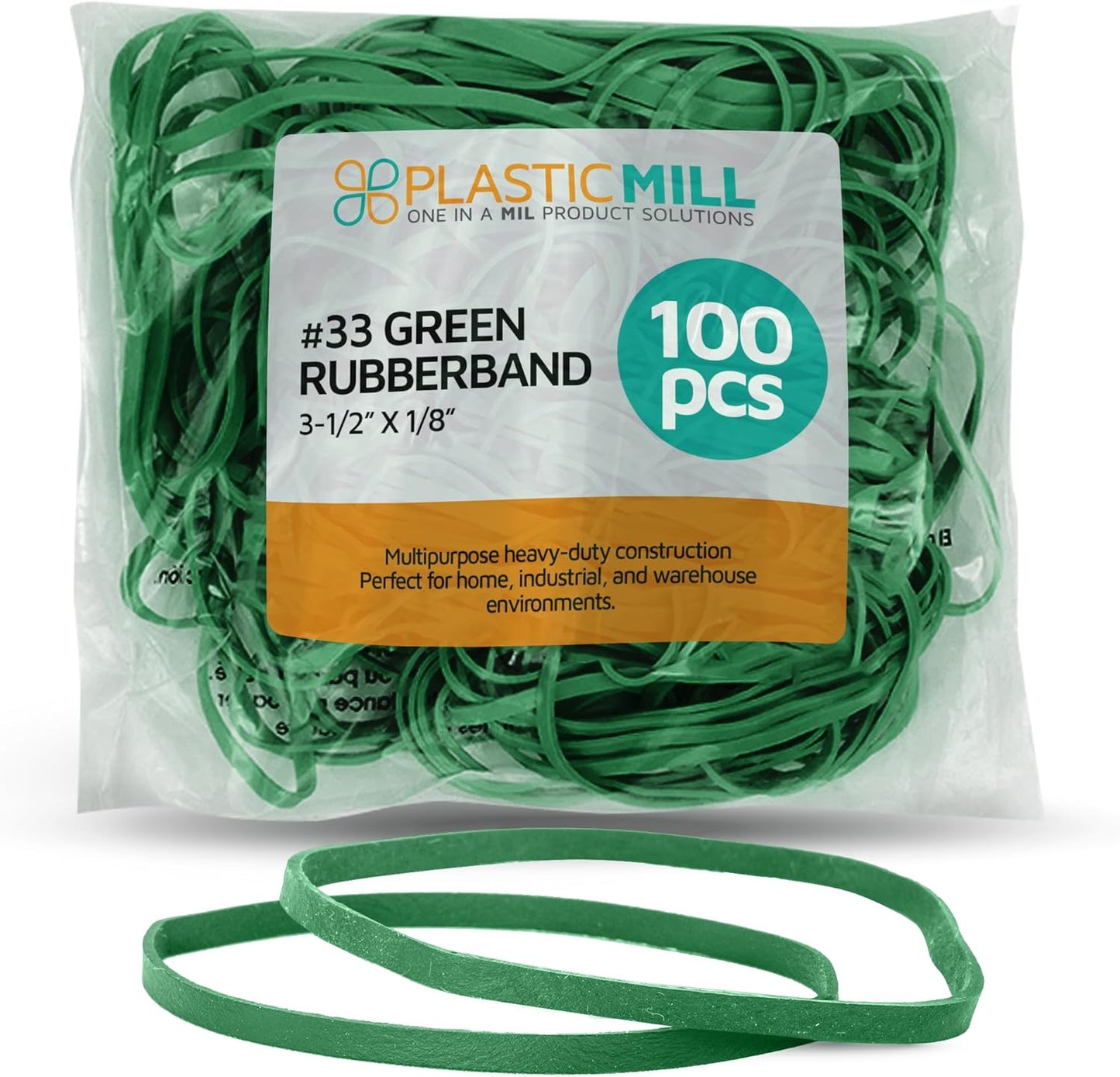 PlasticMill Green Rubber Bands Size 33 (3 1/2" x 1/8") - #33 Colored Rubber Bands Office Supplies - Strong, Elastic Bands for Crafts, Balloon Garland, Cash, File Folders (100-Pack)