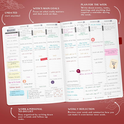 Legend Planner PRO Hourly Schedule - Weekly & Daily Organizer with Time Slots. Appointment Book Journal for Work & Personal, A4 (Wine Red)