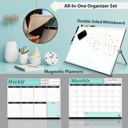 Weekly Dry Erase Board Black Frame, Desktop Calendar White Board with Weekly & Monthly Planners 12x16 inch, Magnetic to Do List with Stand, 6 Markers and Eraser. Whiteboard for Home and Office Desk