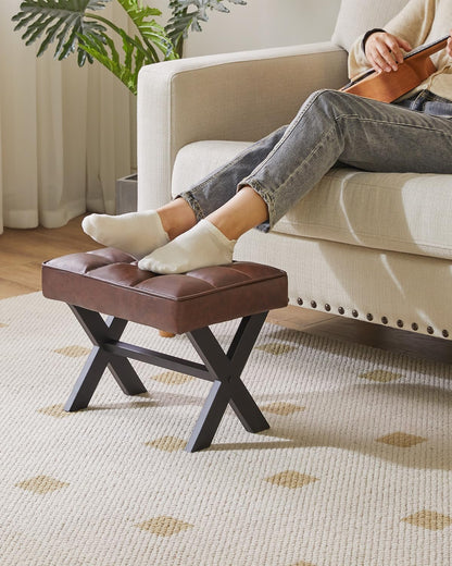 IBUYKE Small 12" H Footrest Stool, Square PU Foot Stool with Metal X-Leg, Multi-Use as Small Side Table, Step Stool for Living Room, Bedroom, Entryway, Office, Dark Brown WBD012Z