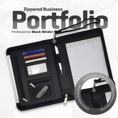Zippered Leather Portfolio Binder with Junior Legal 5x8 Notepad - Black PU Leather Business Padfolio Organizer Folder with 8 Inch Tablet Sleeve & Gift Box by Lautus Designs