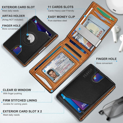 Airtag Wallet for Men,with Money Clip 11 Cards Slim Front Pocket Leather RFID Blocking Wallet with Gift Box