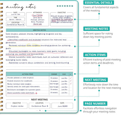 Meeting Notebook for Work Organization - Work notebook with action items, Meeting Minutes Planner Notebook, Perfect Office Supplies for Men & Women - Aquamarine