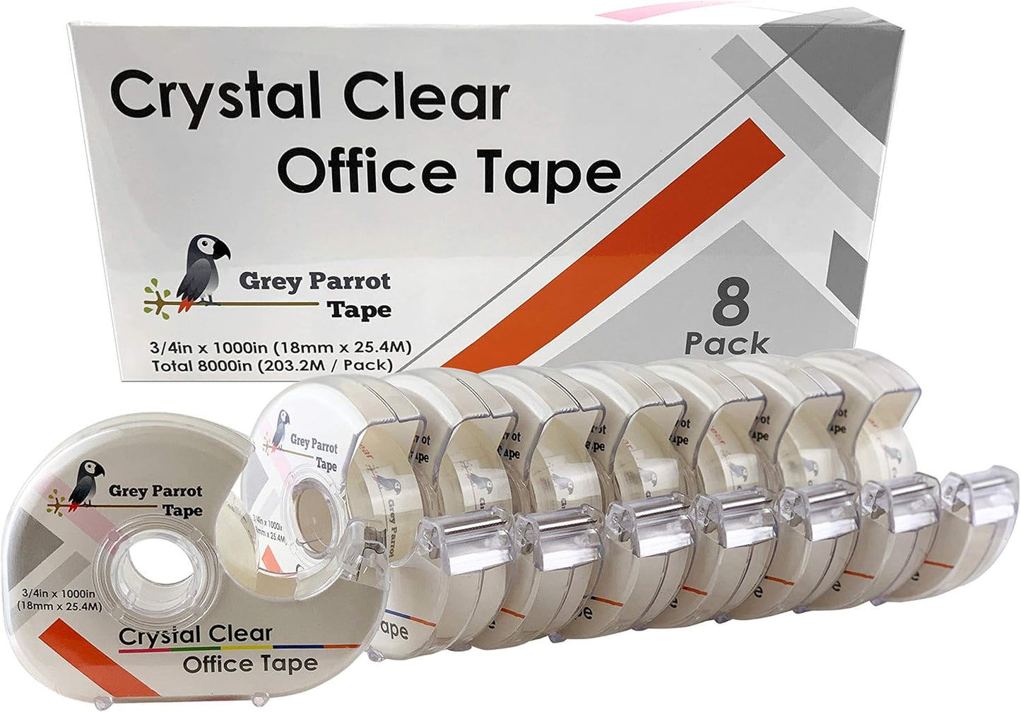Greyparrot Office Clear Office Refill Tape Rolls + Dispenser(8 Pack),(3/4” X 1000in/pack). for Craft Jobs, Gift Wrapping, Office Work Clear(Transparent) Glossy Finish, Refillable (8000 inch/total)