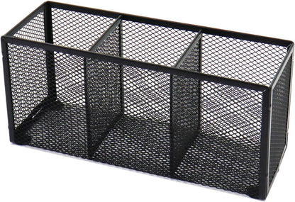 Black Mesh Pen Pencil Holder, Small Metal Desk Organizer Desktop Stationery Office Supplies Acessories Storage Stand, 3 Compartments Brushes Holder for Home School Classroom Teachers