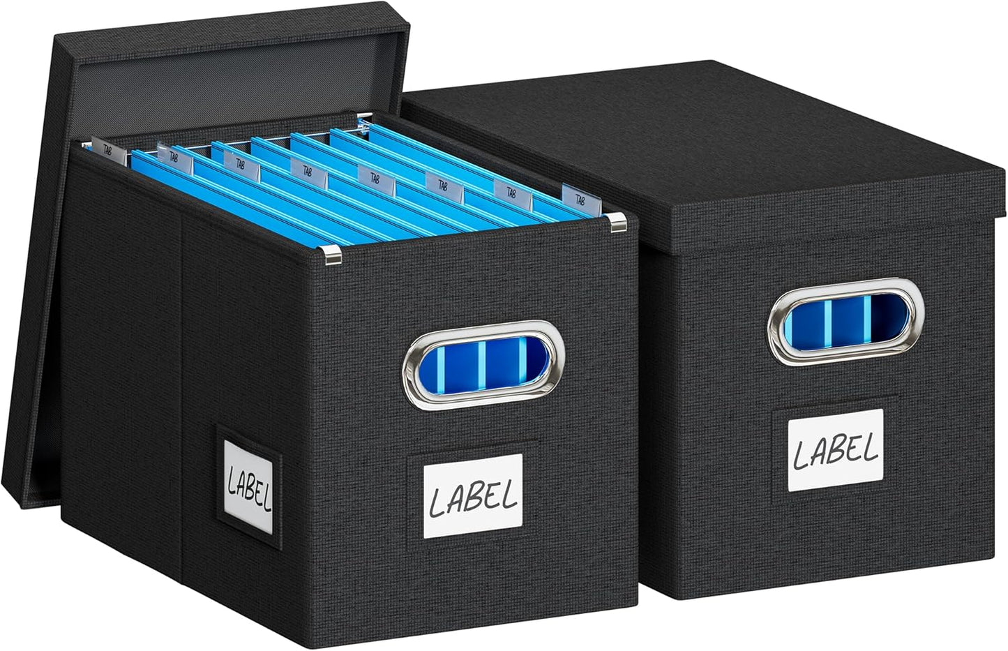 File Organizer Box with Lid - Set of 2 Portable Hanging File Box, Collapsible Linen Decorative Filing Storage Boxes for Office & Home File Cabinet (Black 14 x 9.3 x 10.9 inch)