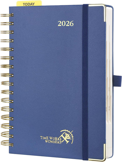 POPRUN 2026 Daily Planner One Page A Day - [8.5" x 5.75" Wire-Bound Hard Cover] Agenda 2026 Hourly Appointment Book with Monthly Calendar, Inner Pocket, Ivory Paper - Navy Blue