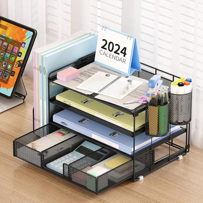Desk Organizer and Accessories, 4-Tier Desktop File Organizer with Drawer and 2 Pen Holders, Office Desk Accessories for Office Supplies(Black)