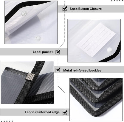 10 Pieces Plastic File Folders Envelope Expanding File Wallet Organizer Documents Folder with Snap Closure and Pocket, A4 Size Waterproof Transparent Pouch(Black,Horizontal)