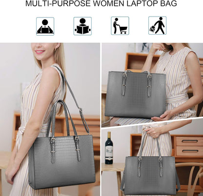 Laptop Bag for Women 15.6 Inch Laptop Tote Bag Leather Classy Computer Briefcase for Work Waterproof Handbag Professional Shoulder Bag Women Business Office Bag Large Capacity Grey