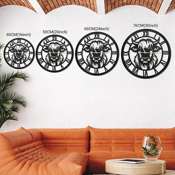 24Inch Large Wall Clocks Battery Operated,Farmhouse Black Metal Non-Ticking Wall Clock,Wall Clocks for Living Room Decor,Bedroom,Kitchen(Highland Bull Wall Clock, 24 Inch)
