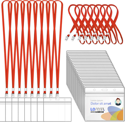 100Pcs Lanyards for ID Badges and 100 Pcs Clear Plastic Horizontal Name Badge ID Card Holders, Flat Neck Lanyards with Clip Waterproof Resealable Name Tag Badge ID Card Holders (Red)