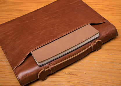 Genuine Leather Portfolio with Hidden Handle, Front Pocket, Business Padfolio Tablet/13” Laptop Organizer, Folio Document Cell Phone Holder, Professional Executive Folder, Brown, Oil Tanned